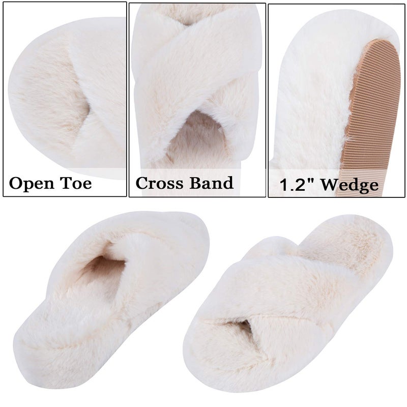 DL Fluffy Women's Cross Band Open Toe House Slippers - Soft Plush Fleece With Memory Foam, Comfy Fuzzy Slip-On Non-Slip Indoor Footwear in Pink, Gray, Black, White - Image 3